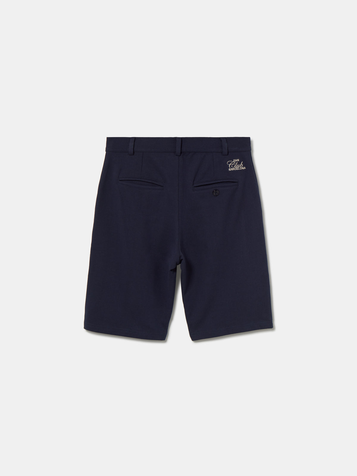 Navy blue FC Barcelona shorts with side pockets and the club crest embroidered near the hem on the left leg