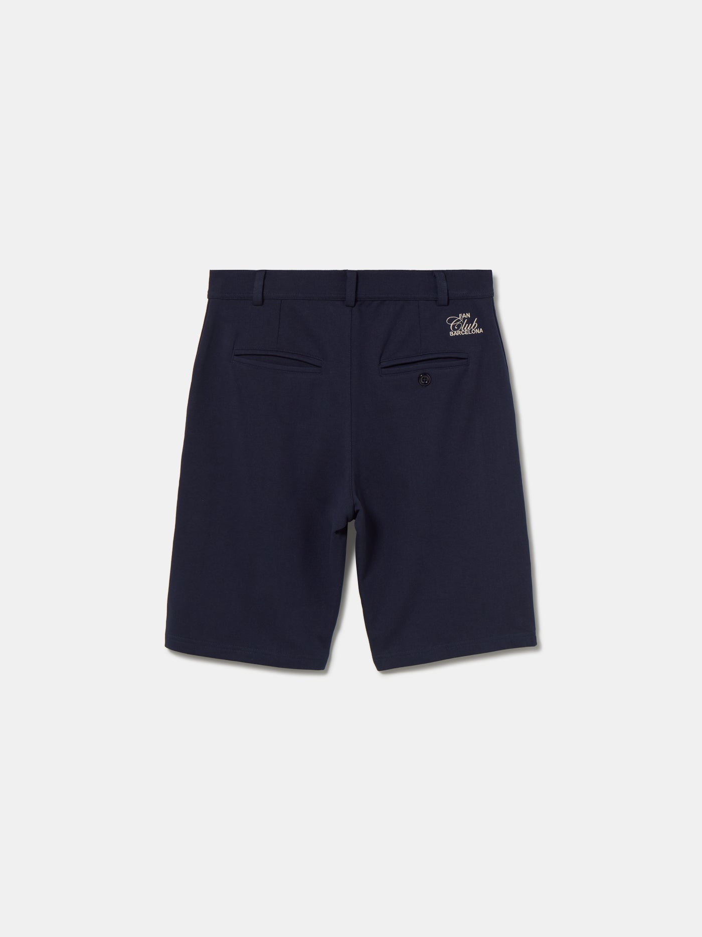 Navy blue FC Barcelona shorts with side pockets and the club crest embroidered near the hem on the left leg