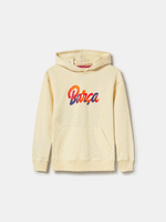 Beige FC Barcelona hoodie for kids, featuring a colorful 'Barça' text on the front and 'Futbol Club Barcelona - Tots units fem força' with the club crest on the back