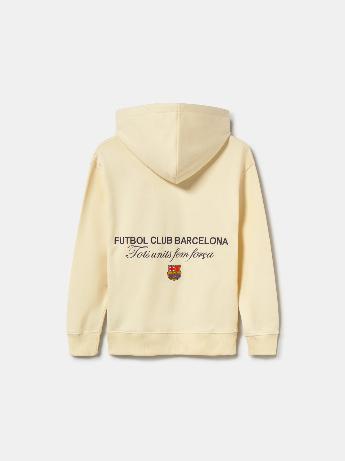 Beige FC Barcelona hoodie for kids, featuring a colorful 'Barça' text on the front and 'Futbol Club Barcelona - Tots units fem força' with the club crest on the back