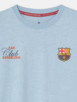 light grey FC Barcelona t-shirt with a large gradient club crest printed on the back, along with the text "Futbol Club Barcelona" and the motto "Tots units fem força