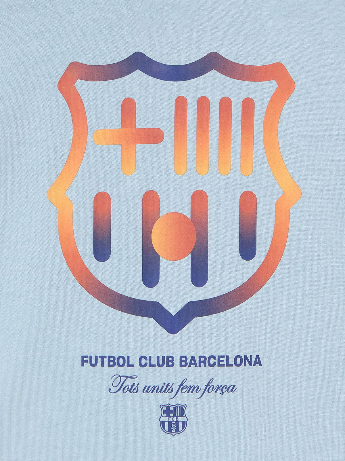 light grey FC Barcelona t-shirt with a large gradient club crest printed on the back, along with the text "Futbol Club Barcelona" and the motto "Tots units fem força