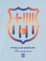 light grey FC Barcelona t-shirt with a large gradient club crest printed on the back, along with the text "Futbol Club Barcelona" and the motto "Tots units fem força