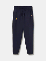 Navy blue FC Barcelona joggers featuring the club crest on the left leg and an elastic waistband with drawstrings