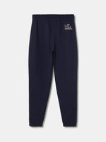 Navy blue FC Barcelona joggers featuring the club crest on the left leg and an elastic waistband with drawstrings