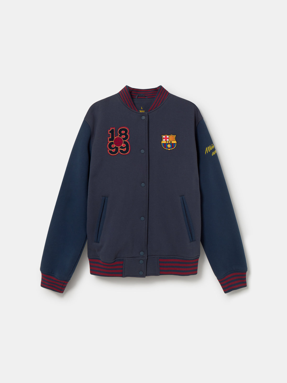 Navy blue FC Barcelona varsity jacket with embroidered 1899 detail, club crest on the chest, and red striped collar, cuffs, and hem.