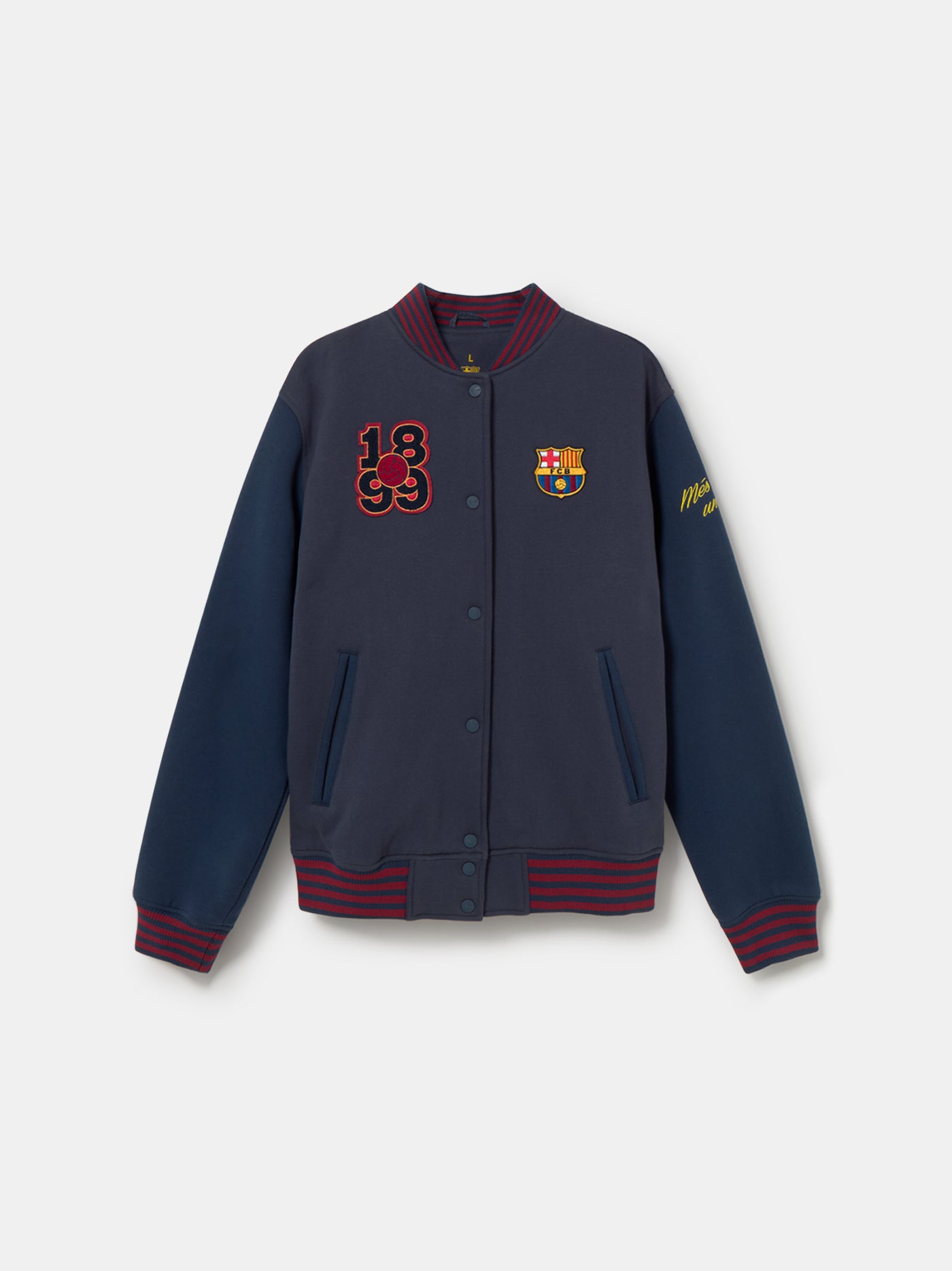 Navy blue FC Barcelona varsity jacket with embroidered 1899 detail, club crest on the chest, and red striped collar, cuffs, and hem.