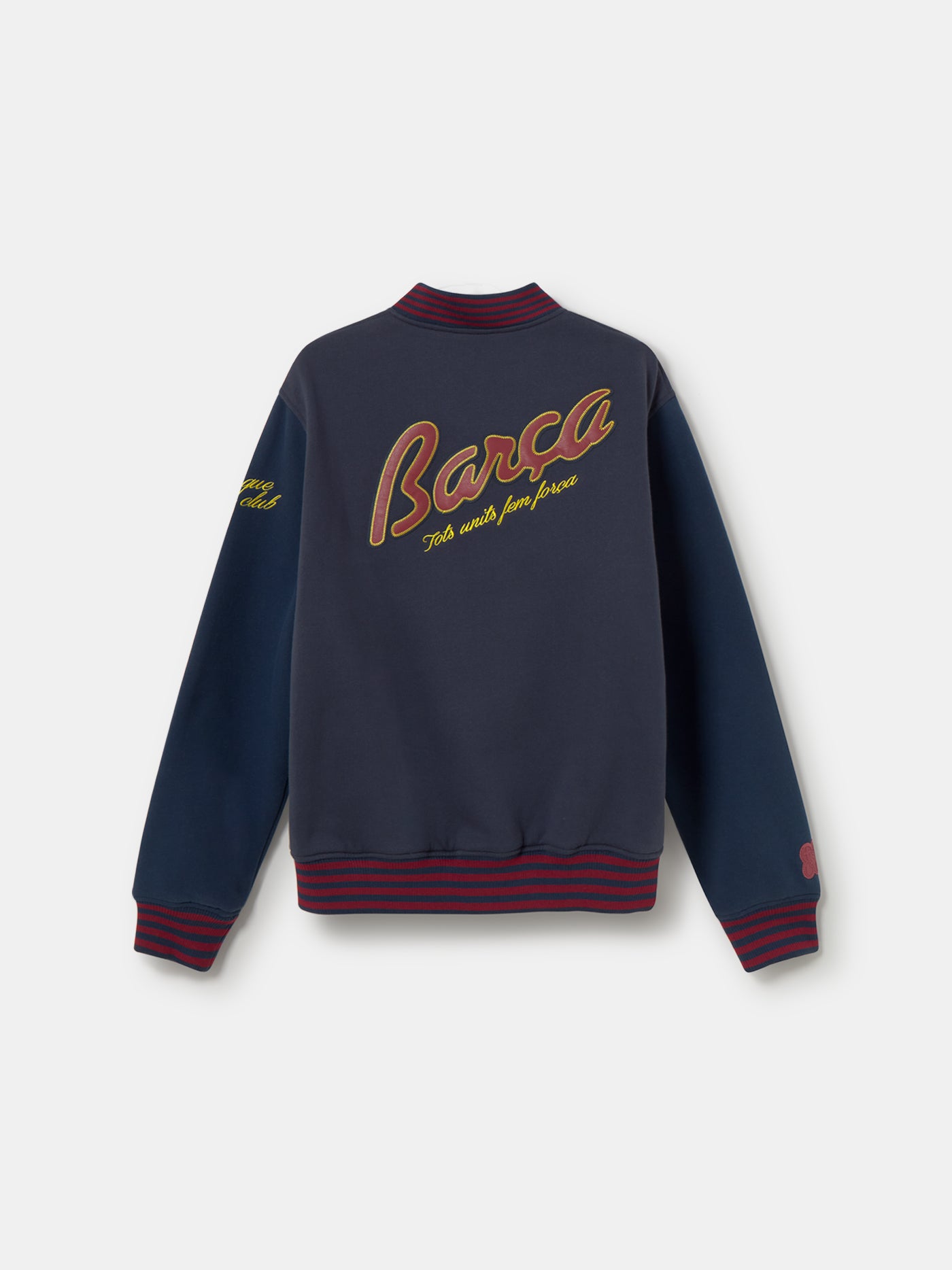 Navy blue FC Barcelona varsity jacket with embroidered 1899 detail, club crest on the chest, and red striped collar, cuffs, and hem.