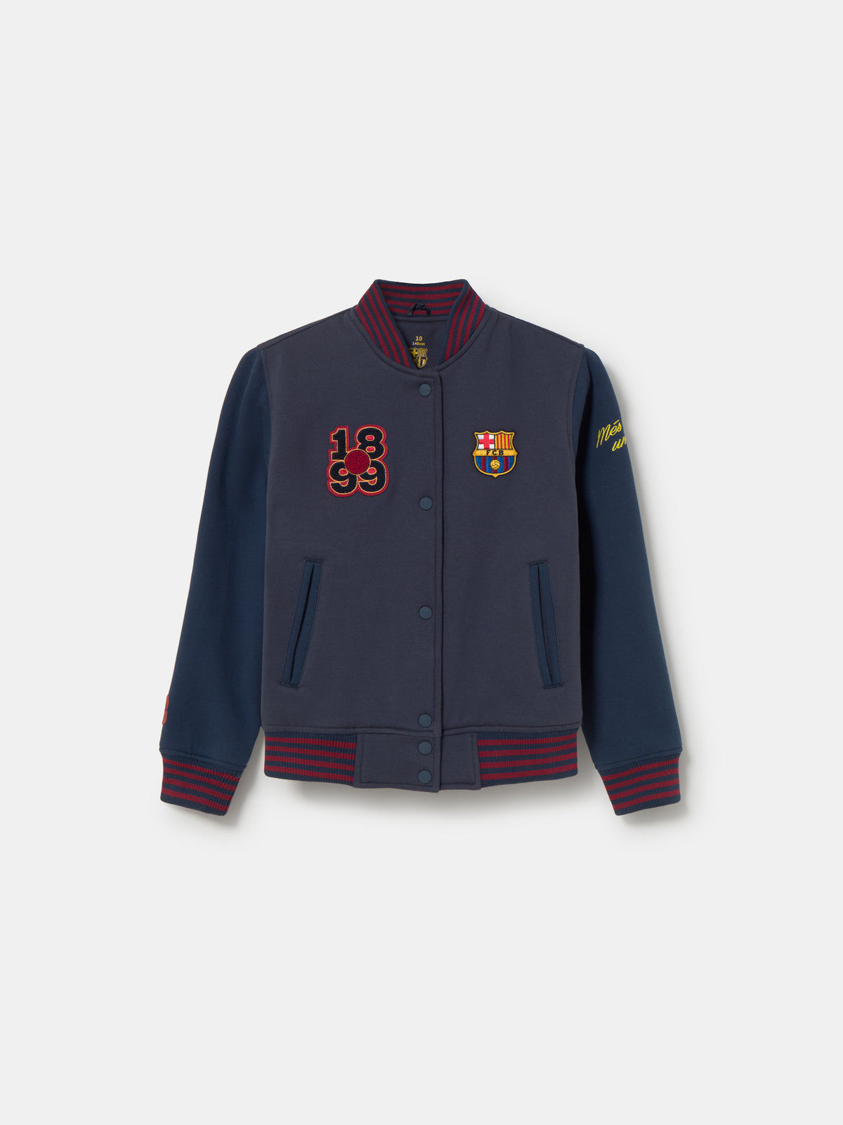 Navy blue FC Barcelona varsity jacket with embroidered 1899 detail, club crest on the chest, and red striped collar, cuffs, and hem.