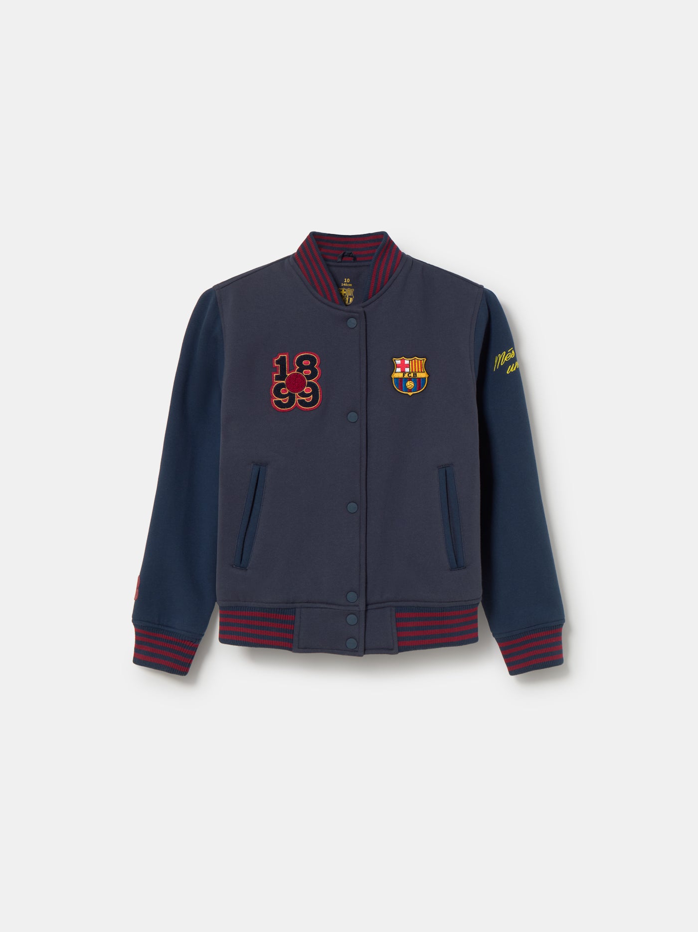 Navy blue FC Barcelona varsity jacket with embroidered 1899 detail, club crest on the chest, and red striped collar, cuffs, and hem.