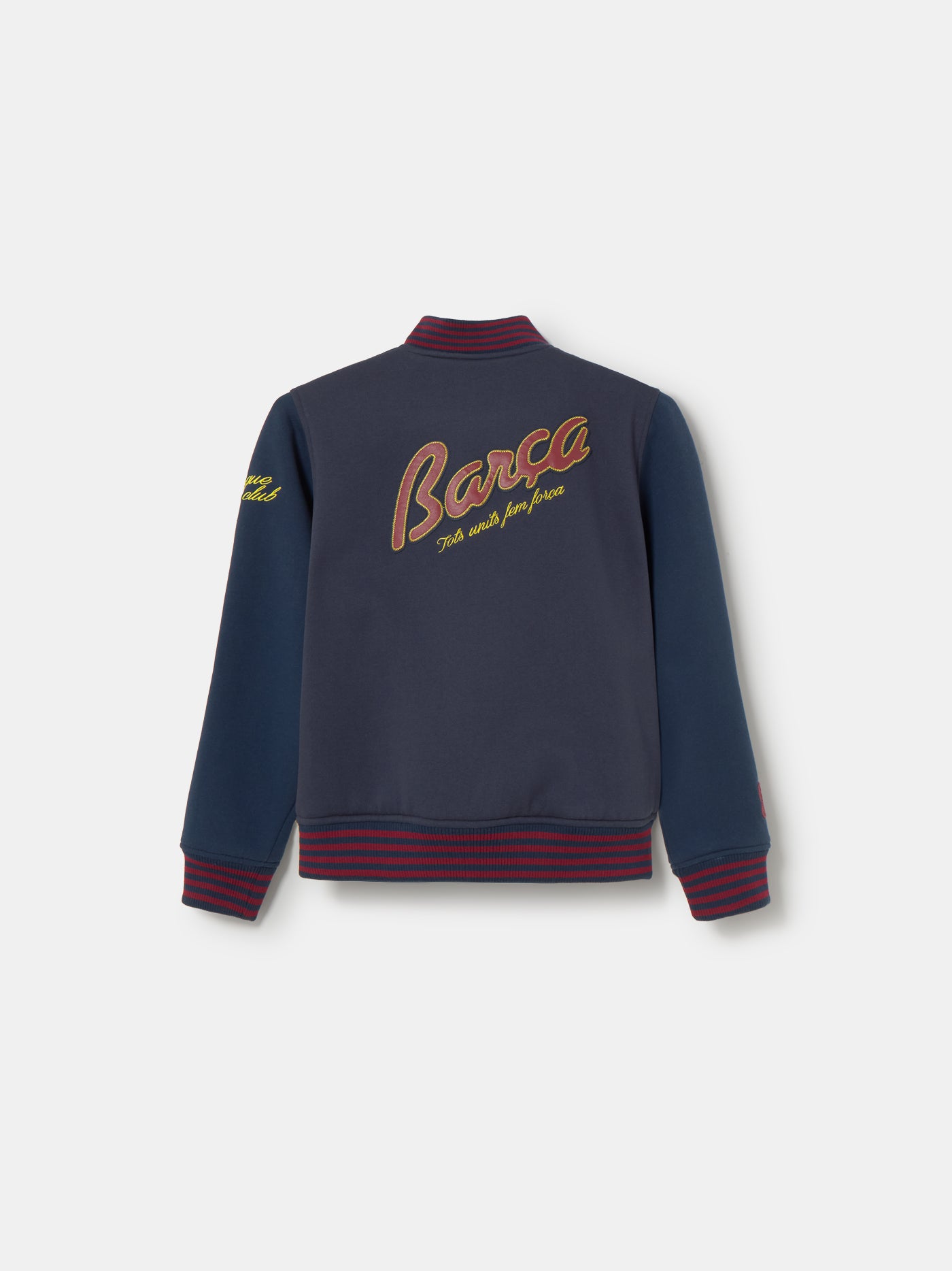 Navy blue FC Barcelona varsity jacket with embroidered 1899 detail, club crest on the chest, and red striped collar, cuffs, and hem.