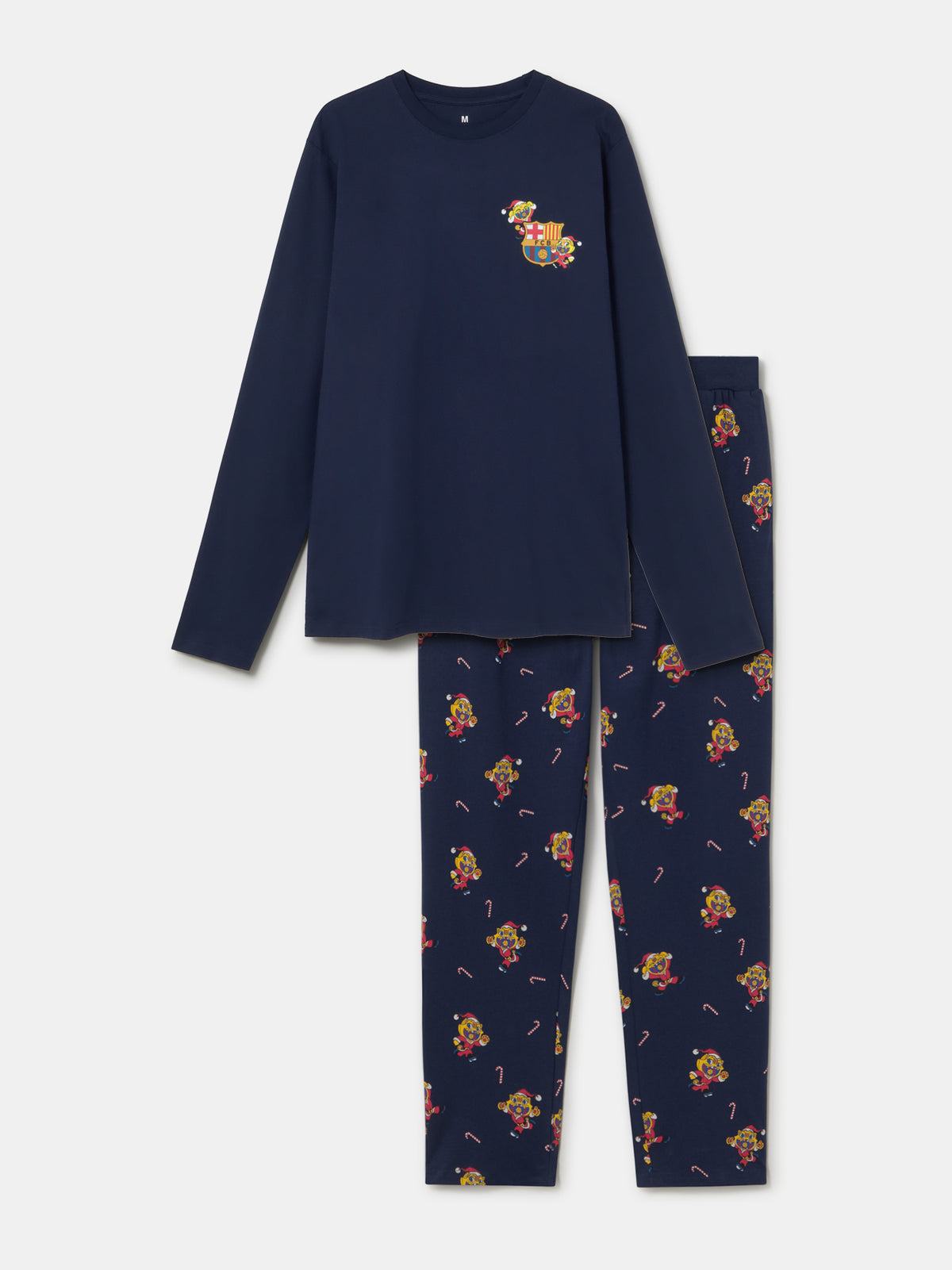 Ensemble haut à manches longues et pantalon assorti bleu marine de FC Barcelona, avec un petit écusson sur la poitrine et un imprimé Barça intégral sur le pantalon.