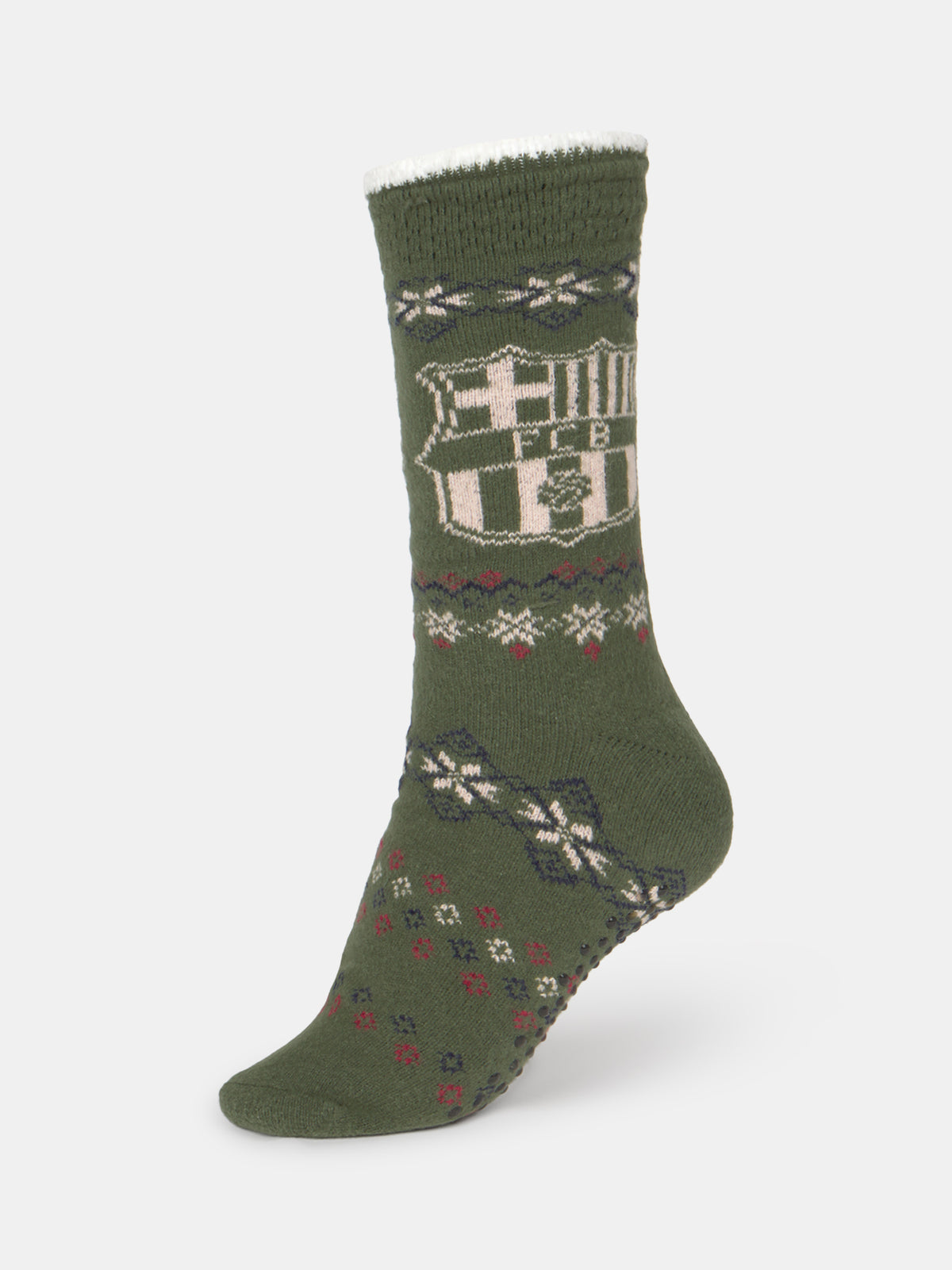 Chaussette vert olive du FC Barcelona avec écusson tissé et bandes imprimées bleues, blanches et rouges.