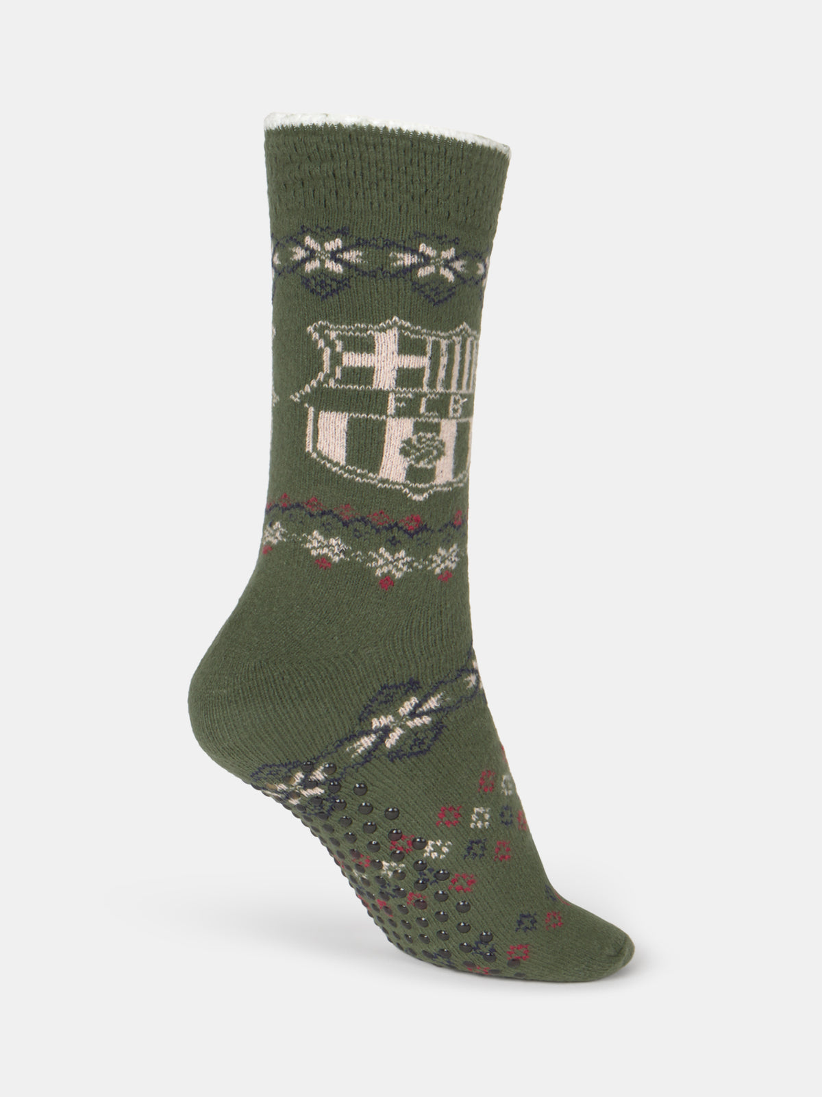 Chaussette FC Barcelona vert olive avec motif d'écussons, bandes en maille décoratives et pastilles d'adhérence noires sur la semelle.