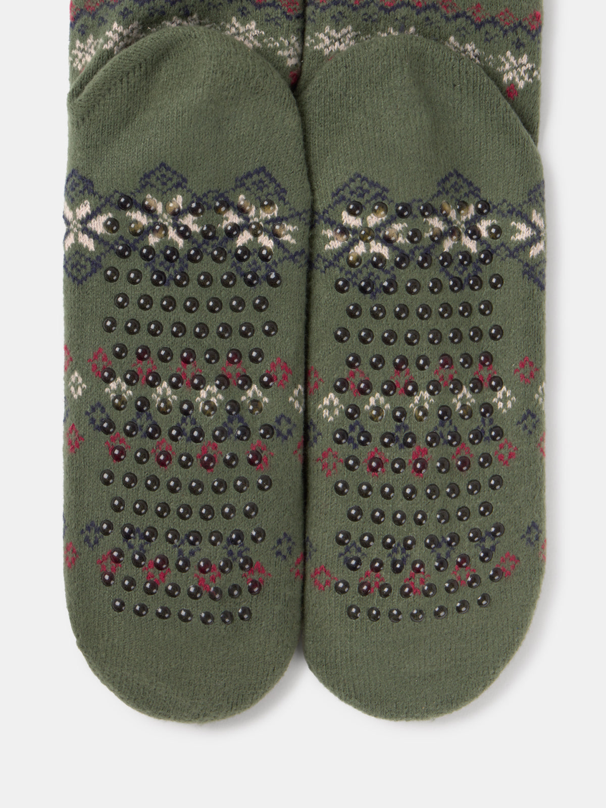 Gros plan des semelles de deux chaussettes olive FC Barcelona avec points d’adhérence noirs et motifs tricotés rouges, bleu marine et blancs.