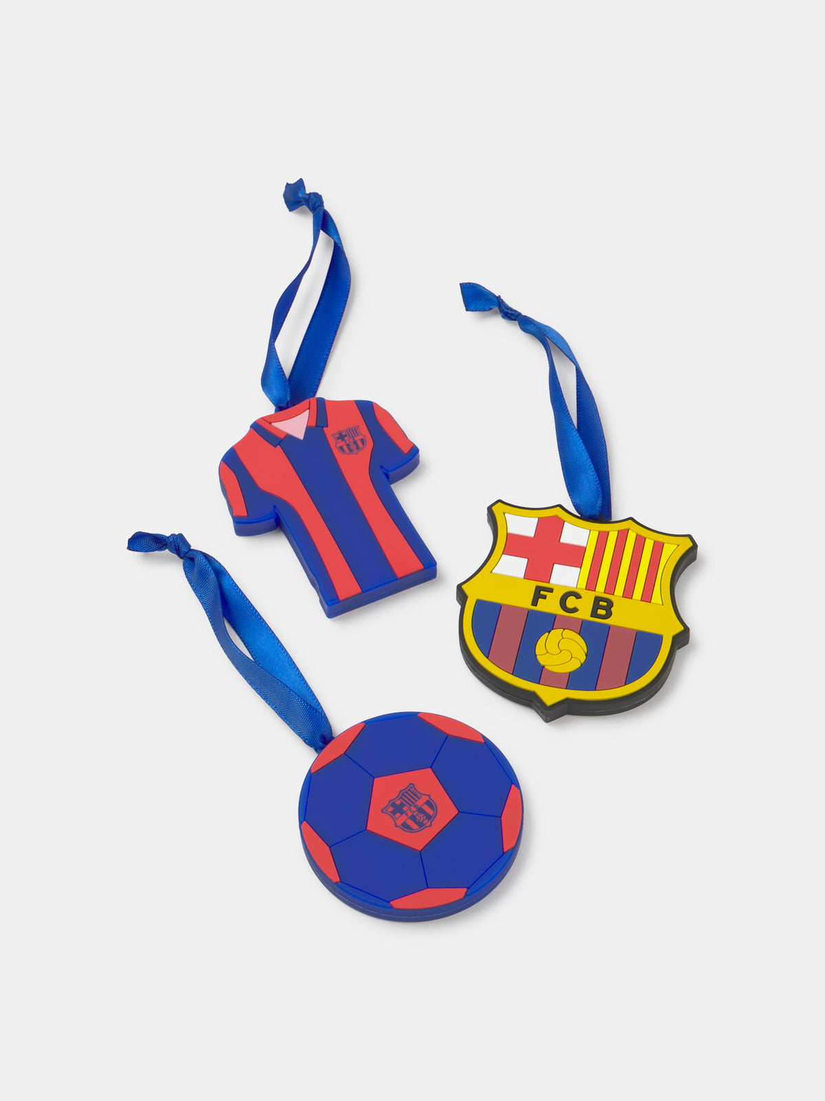 Set of three FC Barcelona hanging ornaments shaped like a jersey, the club crest and a soccer ball in blue and red.