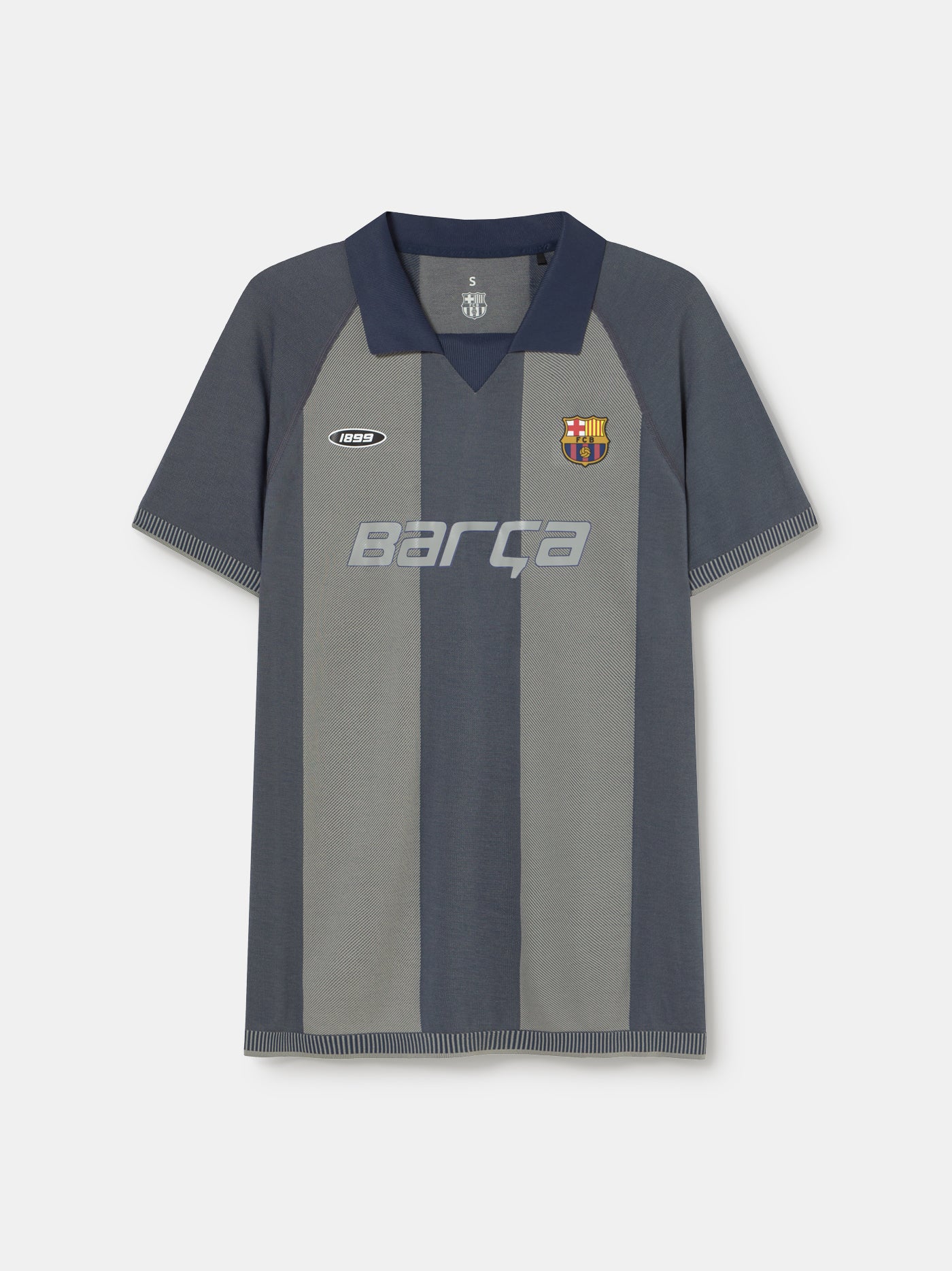 Grey striped retro-style FC Barcelona jersey with crest on the chest and 'Barça' text across the front