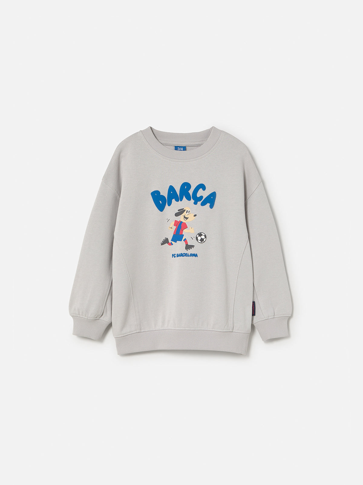  light grey FC Barcelona sweatshirt with a cartoon footballer and the word 'Barça' in blue