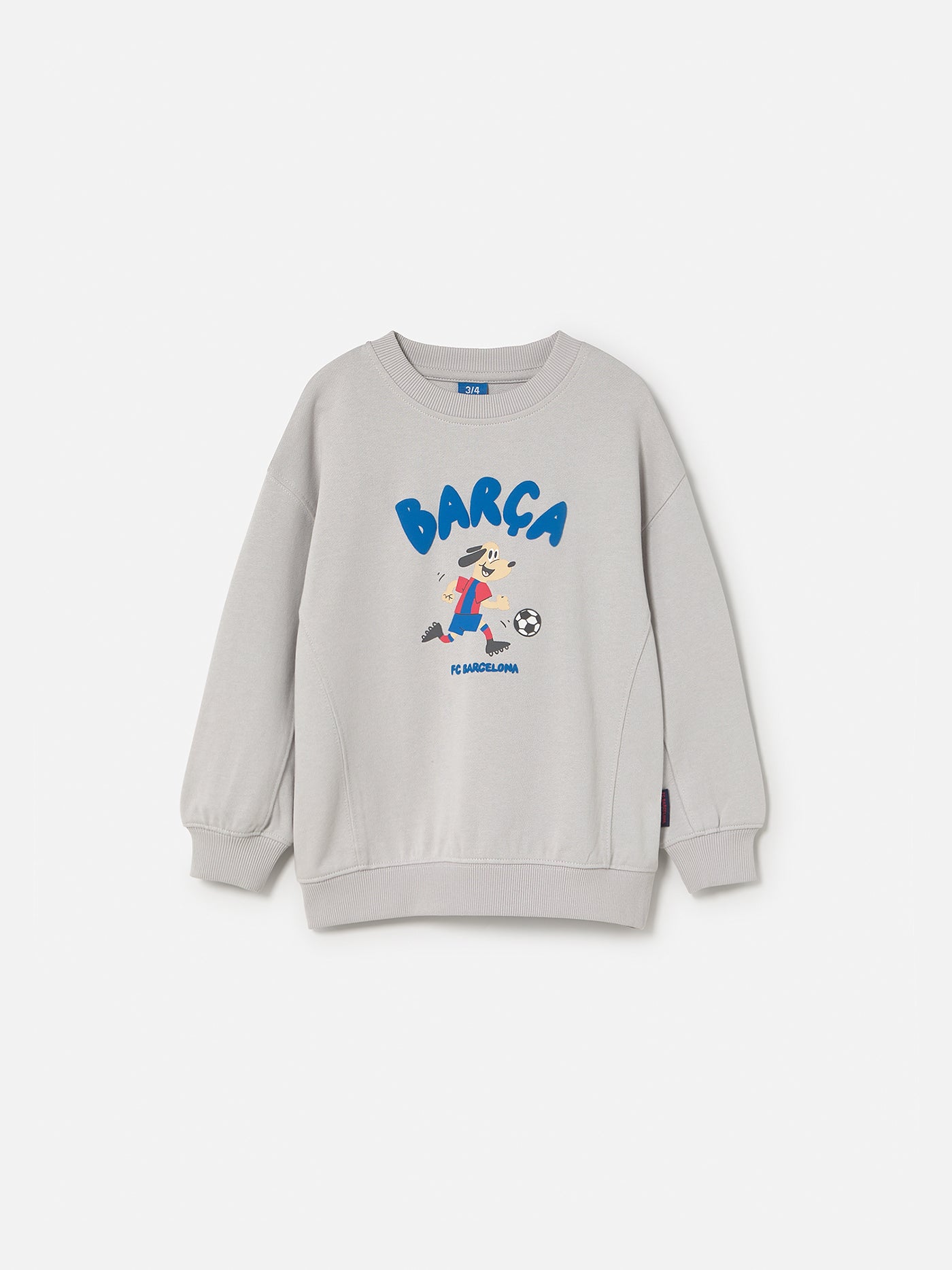 light grey FC Barcelona sweatshirt with a cartoon footballer and the word 'Barça' in blue