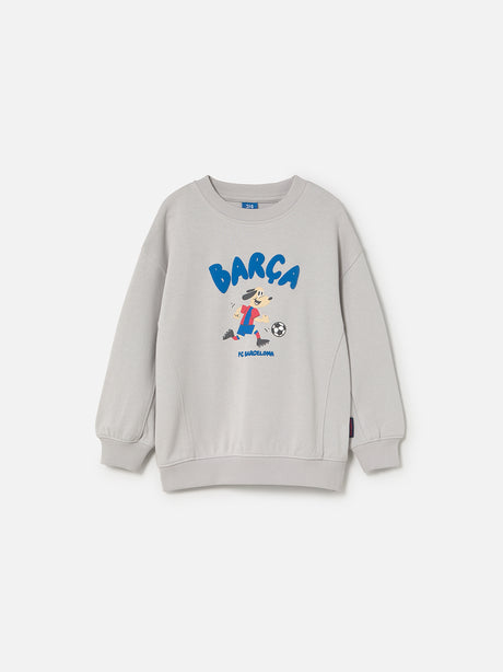  light grey FC Barcelona sweatshirt with a cartoon footballer and the word 'Barça' in blue