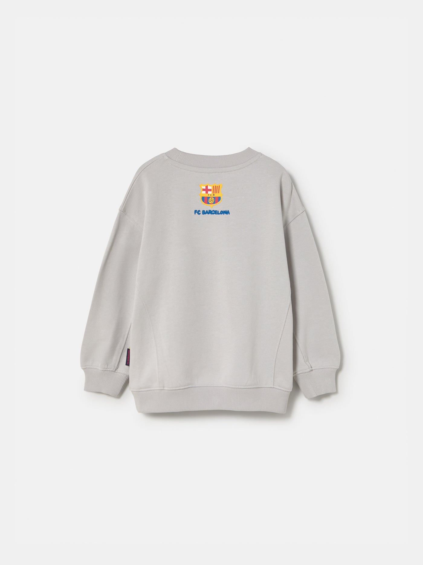  light grey FC Barcelona sweatshirt with a cartoon footballer and the word 'Barça' in blue