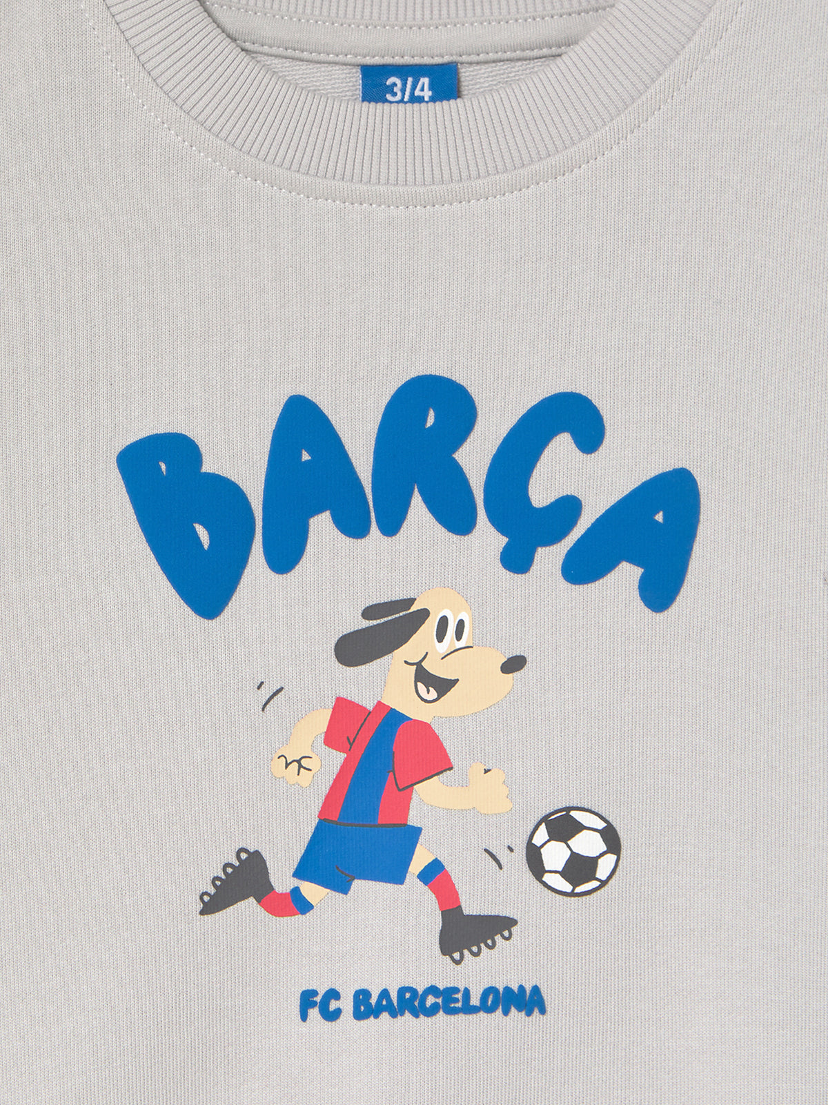  light grey FC Barcelona sweatshirt with a cartoon footballer and the word 'Barça' in blue