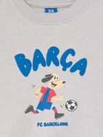  light grey FC Barcelona sweatshirt with a cartoon footballer and the word 'Barça' in blue