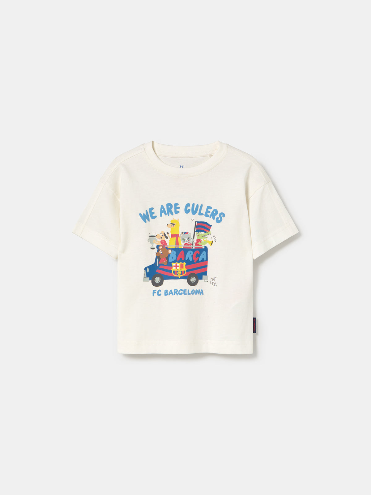 white FC Barcelona T-shirt with colorful cartoon illustrations and the text 'We Are Culers
