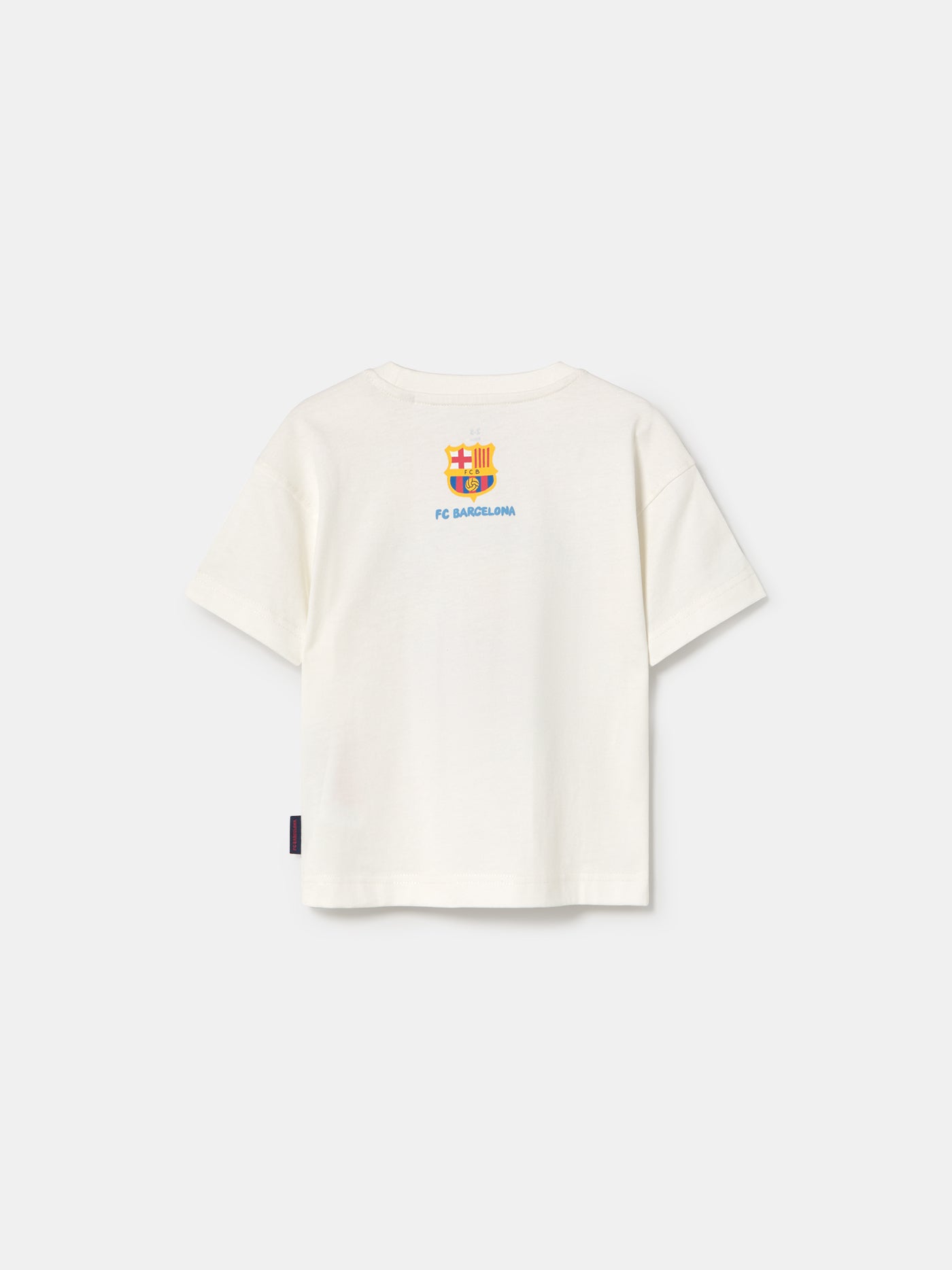 white FC Barcelona T-shirt with colorful cartoon illustrations and the text 'We Are Culers