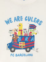 white FC Barcelona T-shirt with colorful cartoon illustrations and the text 'We Are Culers