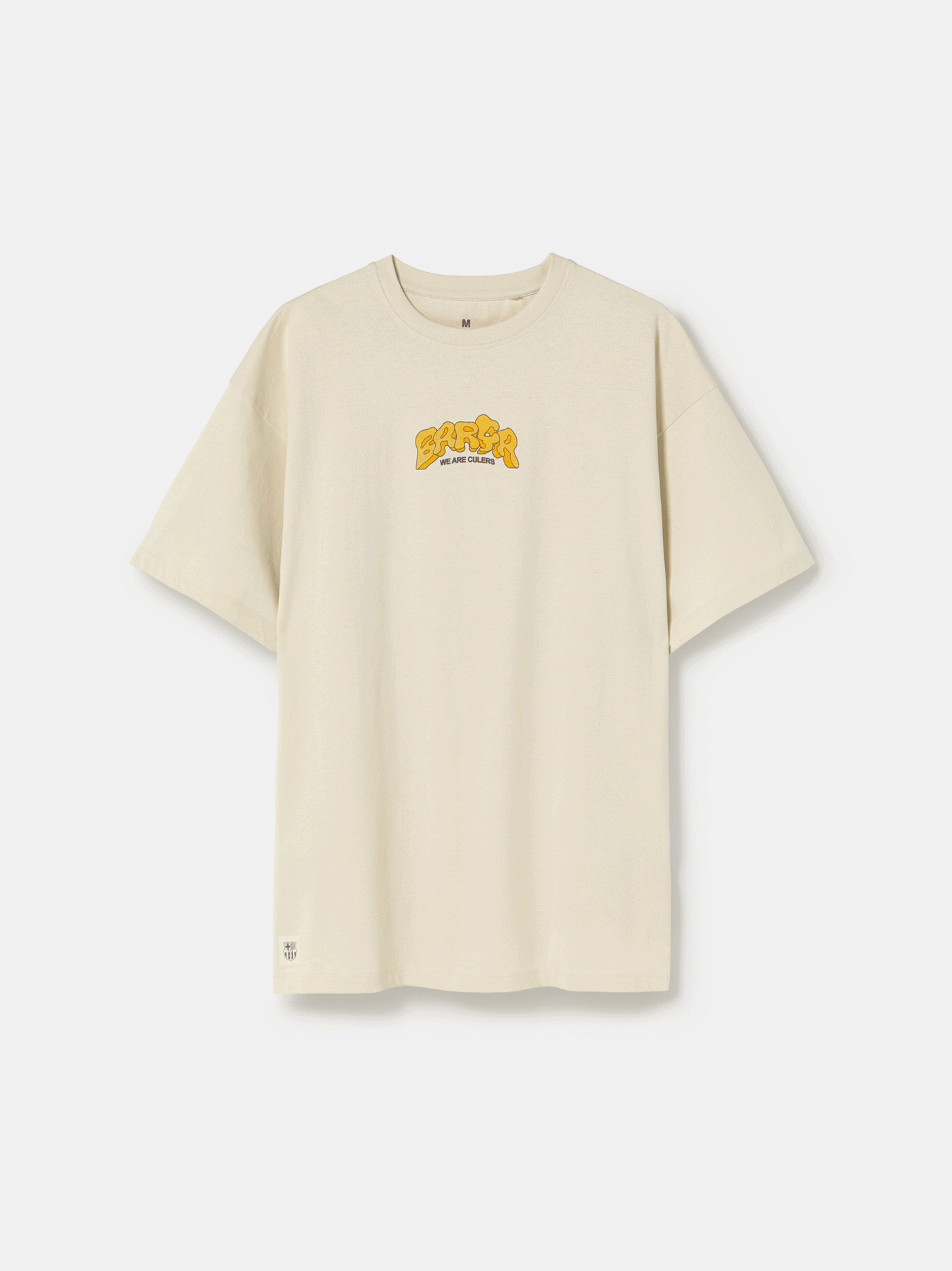 White T-shirt with colorful Barça graphic on the back featuring a football, flags, and dynamic typography