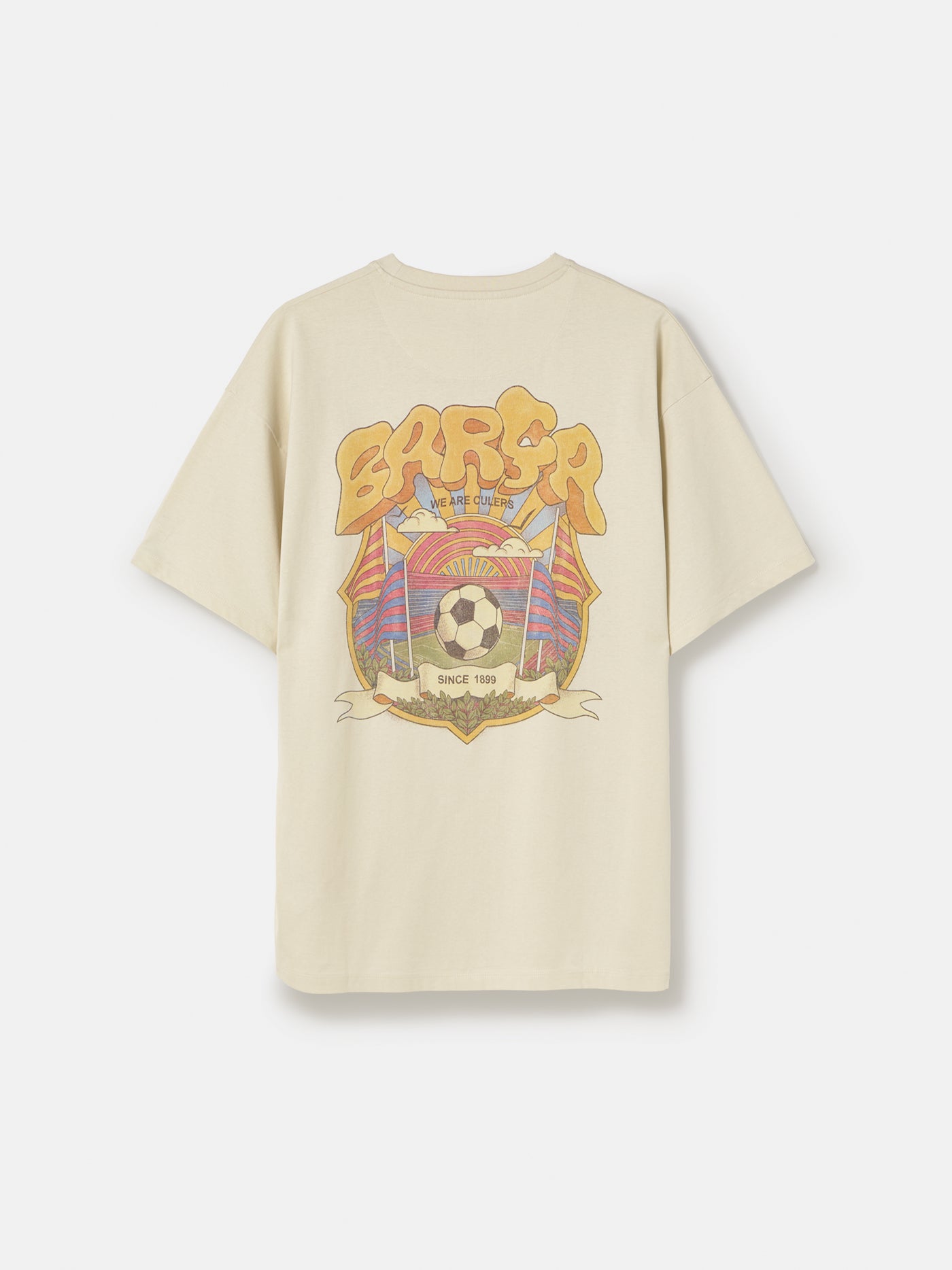 White T-shirt with colorful Barça graphic on the back featuring a football, flags, and dynamic typography