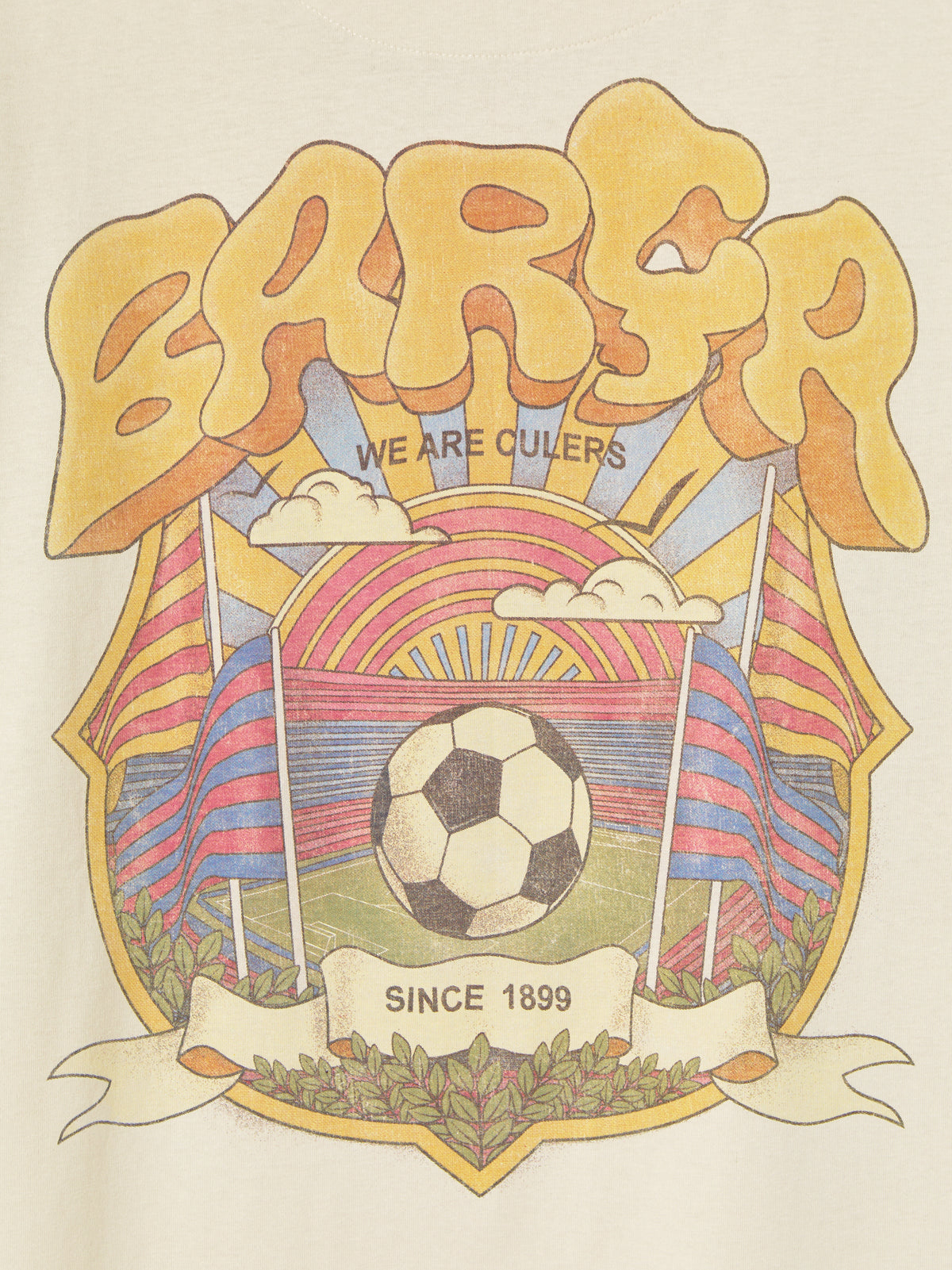 Beige FC Barcelona T-shirt featuring a vibrant vintage-style back print with the word "Barça" in large retro bubble letters. The graphic includes a football, flags, and stadium elements in bold colors within a shield-like frame. A ribbon below the design reads “Since 1899” and “Més que un club.”