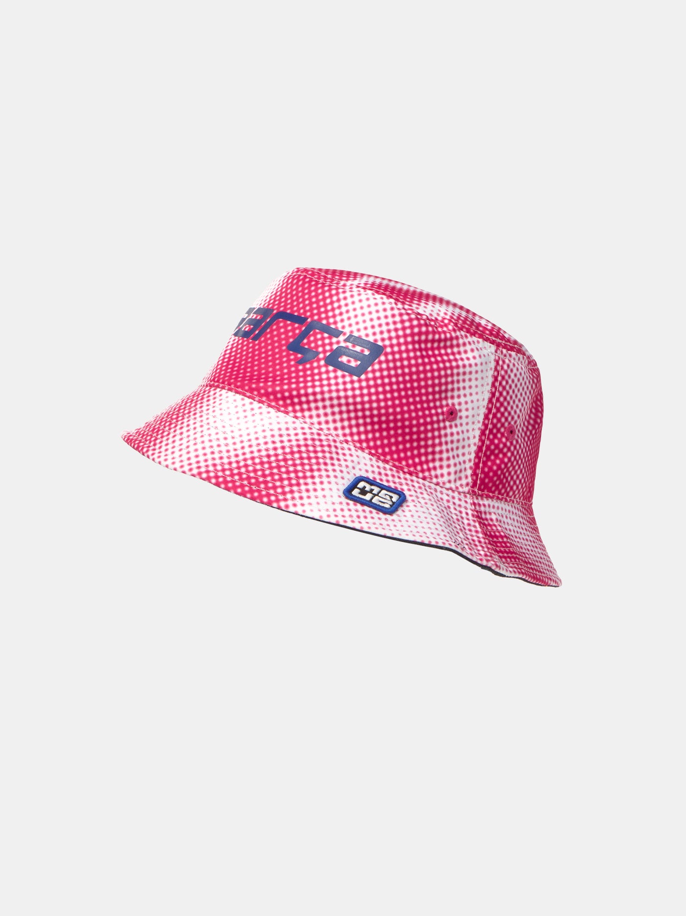 Pink and white bucket hat with dotted pattern and 'Barça' text in blue.