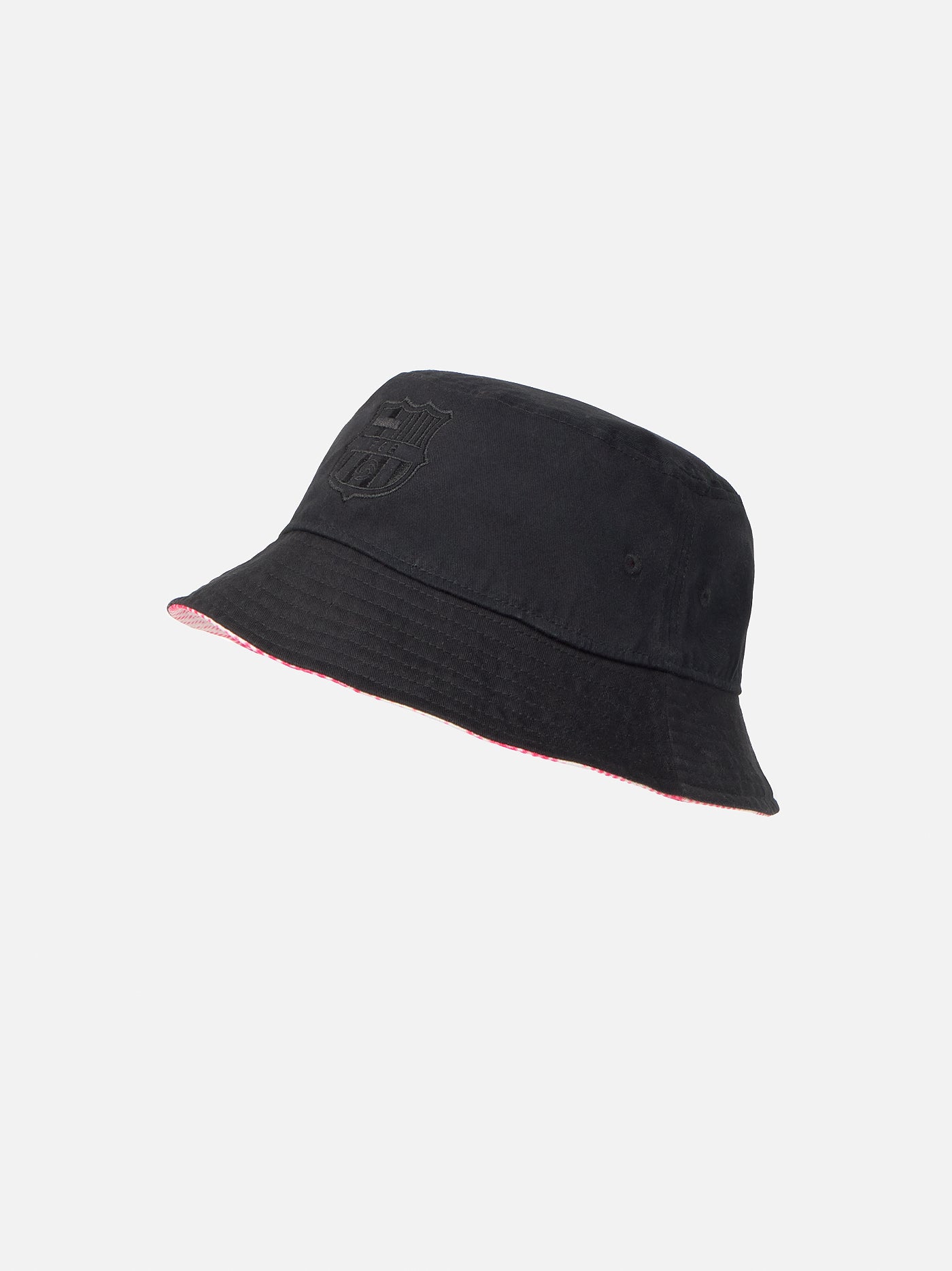 Black bucket hat with dotted pattern and 'Barça' text in blue.