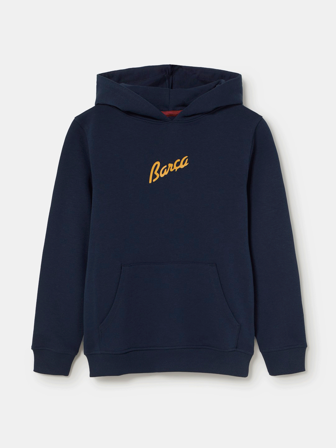Navy hoodie with FC Barcelona crest and 'Més que un club' slogan printed on the back.