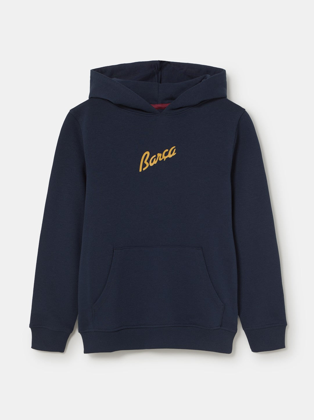 Navy hoodie with FC Barcelona crest and 'Més que un club' slogan printed on the back.