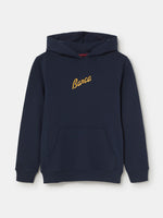 Navy hoodie with FC Barcelona crest and 'Més que un club' slogan printed on the back.