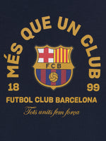 Navy hoodie with FC Barcelona crest and 'Més que un club' slogan printed on the back.