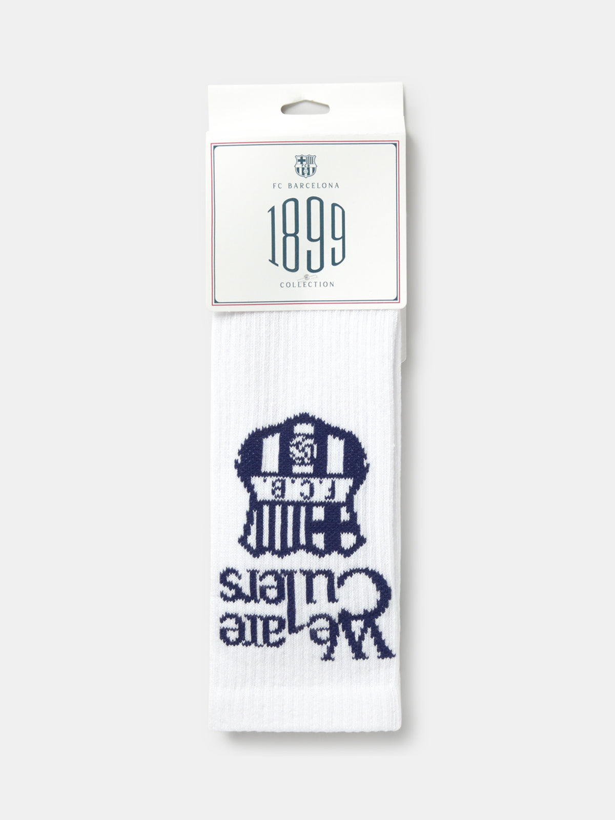 White sock with navy blue 'We are Culers' text and FC Barcelona crest on the calf, and 'FC BARCELONA' written on the foot.