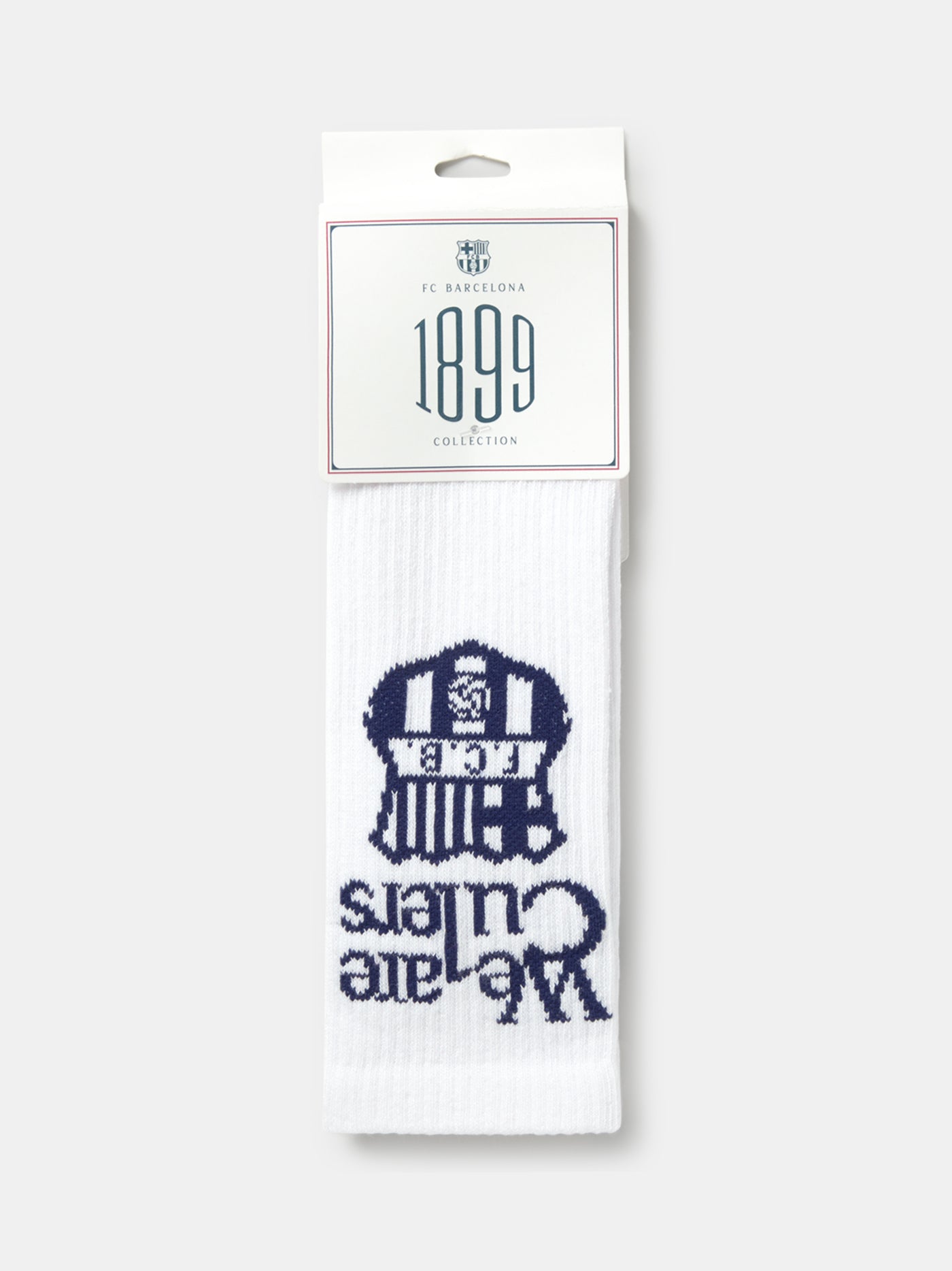 White sock with navy blue 'We are Culers' text and FC Barcelona crest on the calf, and 'FC BARCELONA' written on the foot.