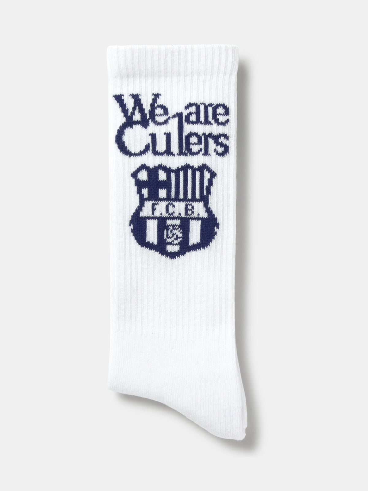 White sock with navy blue 'We are Culers' text and FC Barcelona crest on the calf, and 'FC BARCELONA' written on the foot.