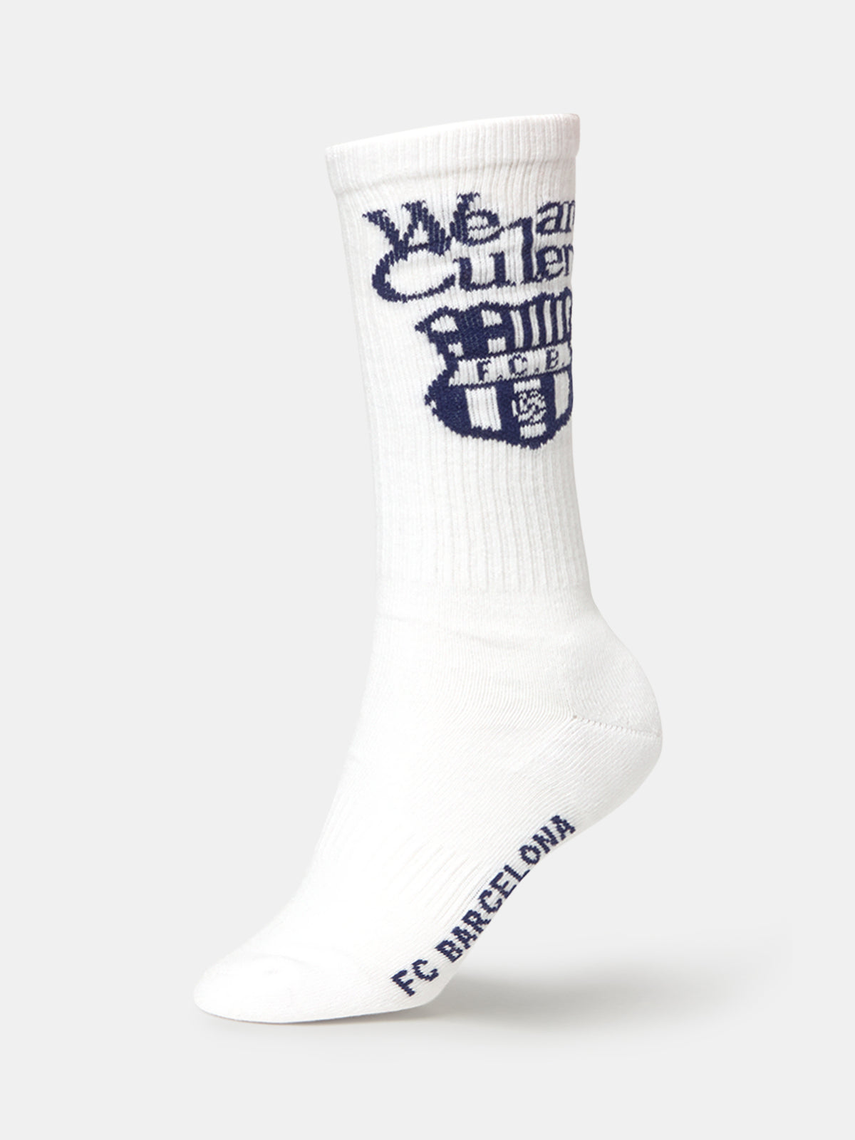 White sock with navy blue 'We are Culers' text and FC Barcelona crest on the calf, and 'FC BARCELONA' written on the foot.