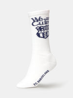 White sock with navy blue 'We are Culers' text and FC Barcelona crest on the calf, and 'FC BARCELONA' written on the foot.