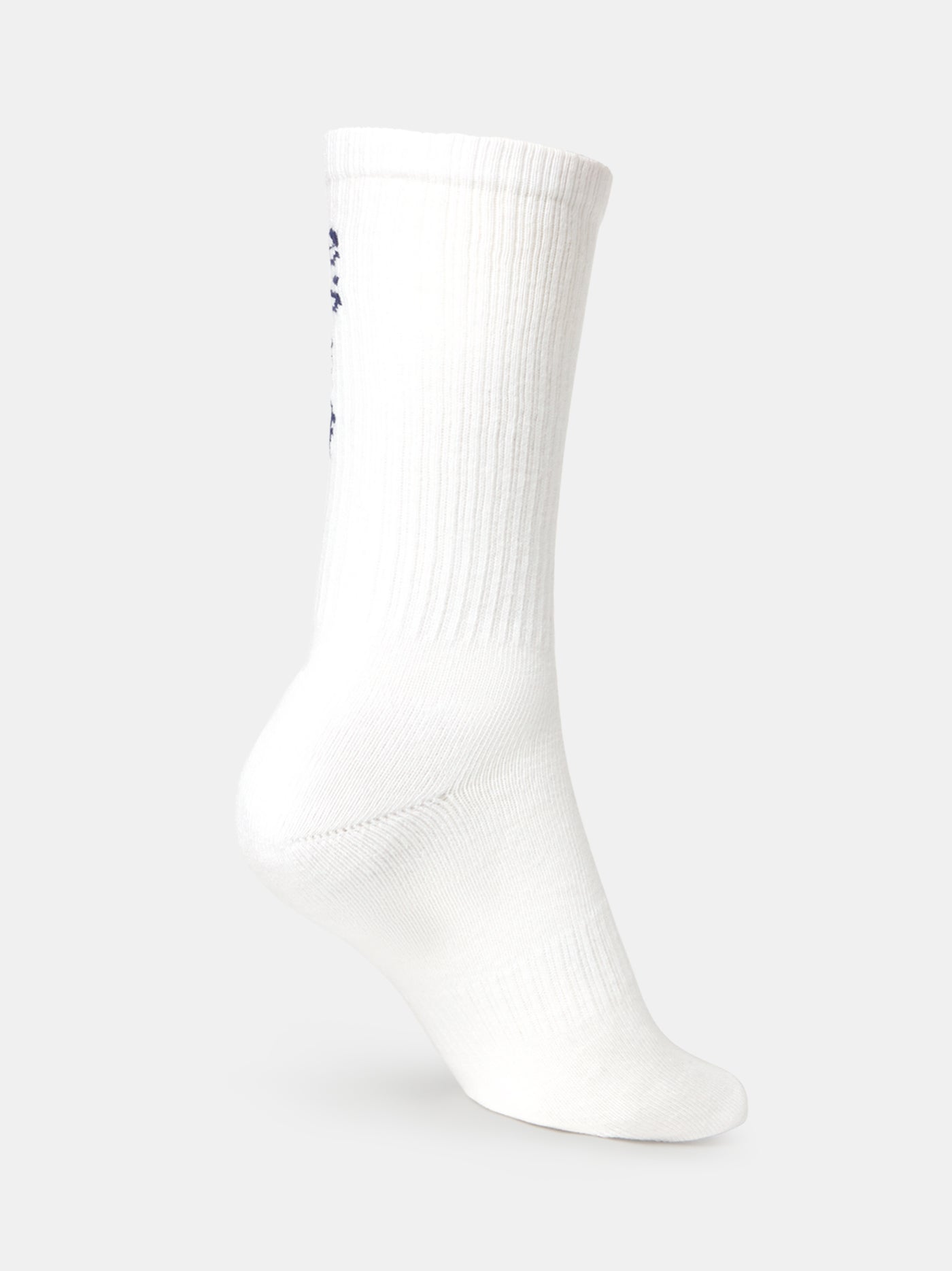 White sock with navy blue 'We are Culers' text and FC Barcelona crest on the calf, and 'FC BARCELONA' written on the foot.