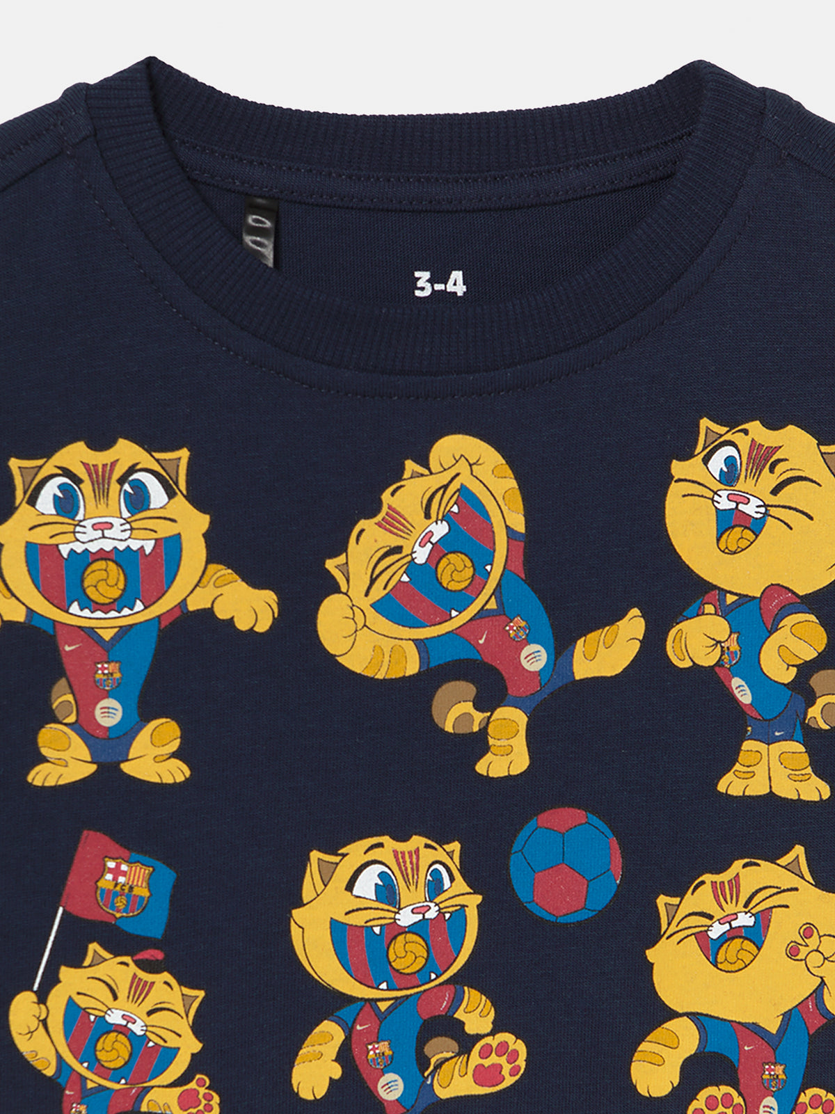  navy FC Barcelona T-shirt with multiple illustrations of Cat Culer, the club’s mascot