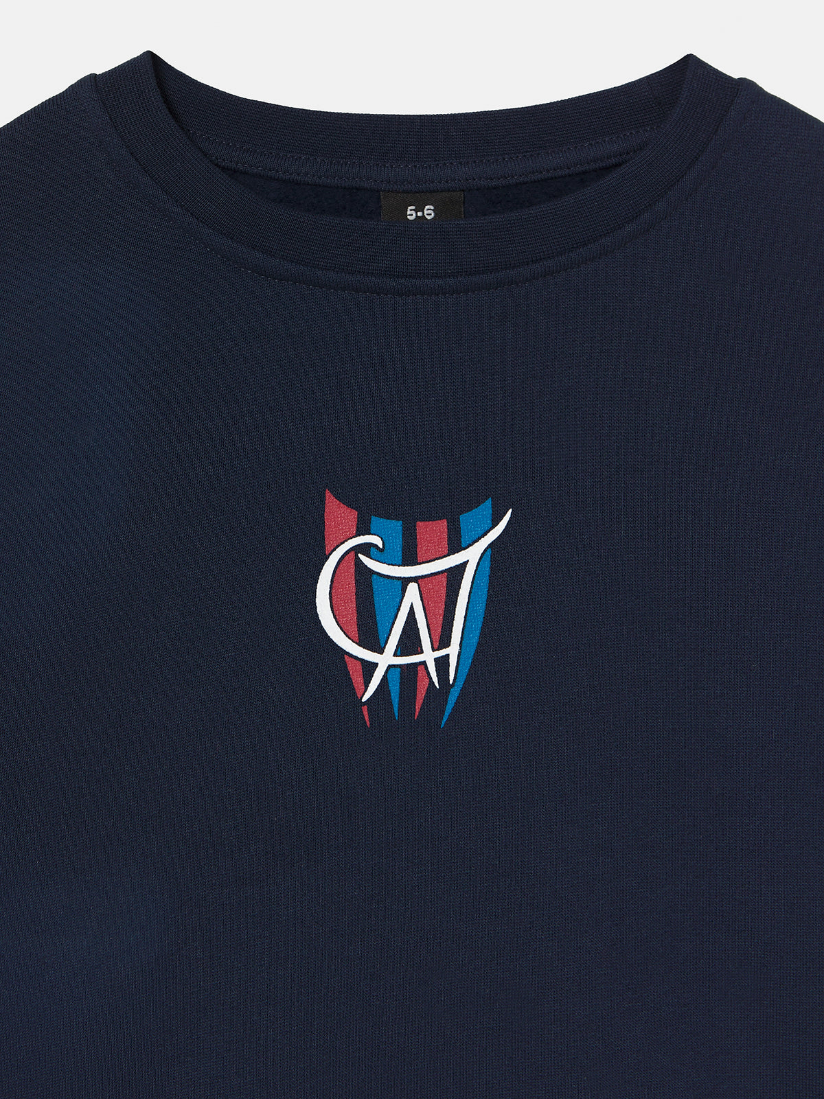 Navy blue kids’ sweatshirt featuring a large back graphic of Cat Culer, the FC Barcelona mascot, with the text 'FC BARCELONA' and 'Since 1899' in bold red and yellow.