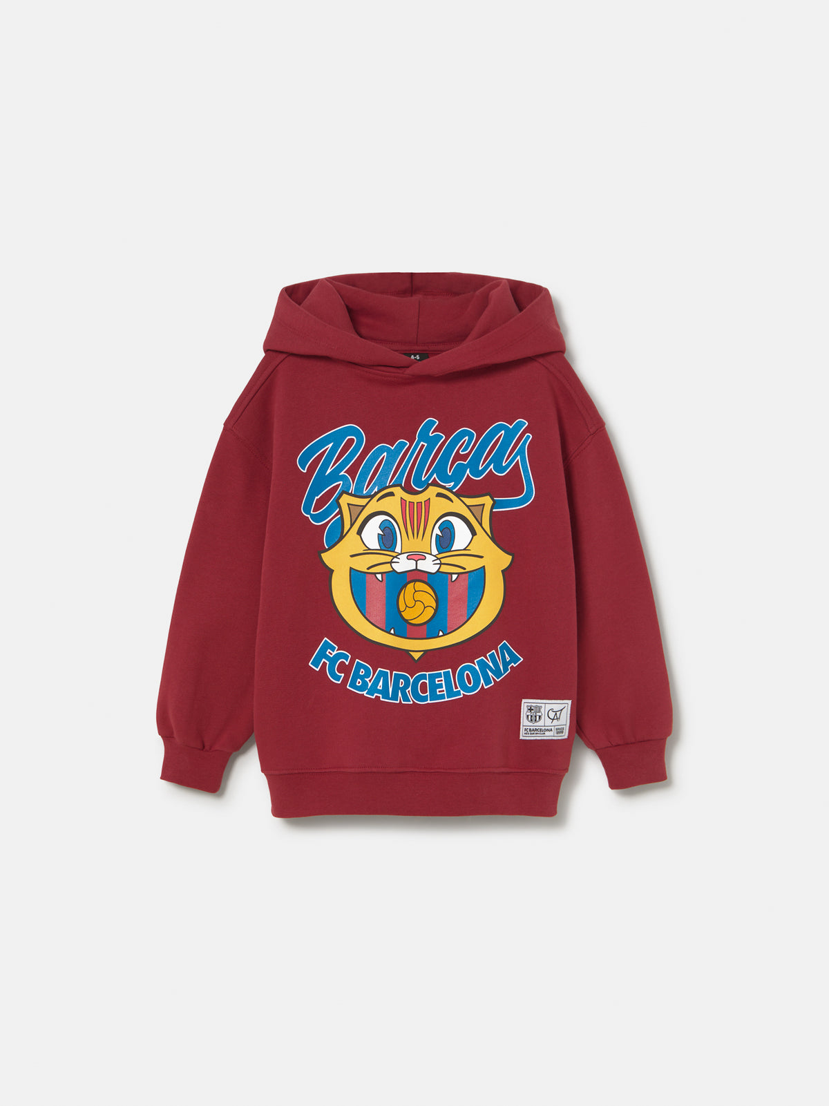  red FC Barcelona hoodie with the text 'Barça' and a cartoon illustration of Cat Culer, the club's mascot, on the front.