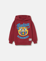  red FC Barcelona hoodie with the text 'Barça' and a cartoon illustration of Cat Culer, the club's mascot, on the front.