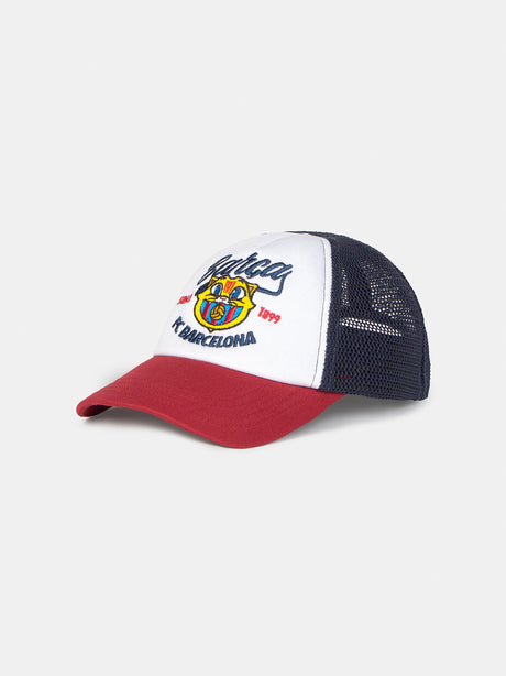 Trucker-style cap with red visor, white front panel featuring a colorful FC Barcelona crest and embroidered 'Barça' text, and black mesh back.